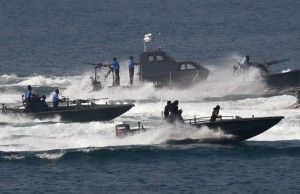 Sri Lankan Navy boats are displayed during a rehearsal for the Independence Day celebration in Colombo