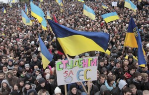 Students take part in a rally to support EU integration in western Ukrainian city of Lviv